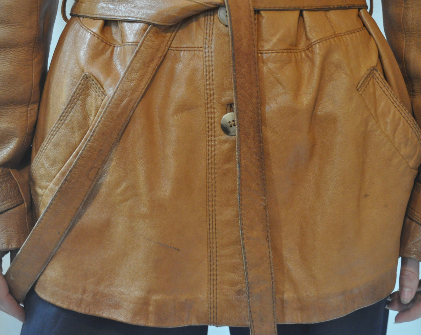 Vintage Tan Leather Belted Jacket Size 10-12