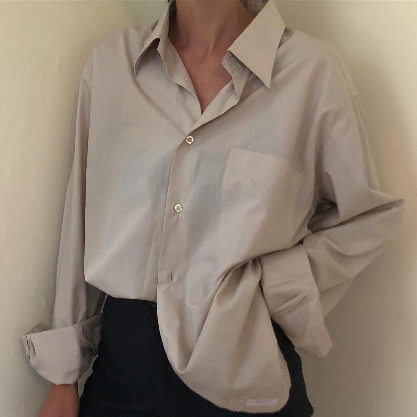 Minimalist Neutral Beige Oversized Long Sleeve Button Up Shirt Size 10-12