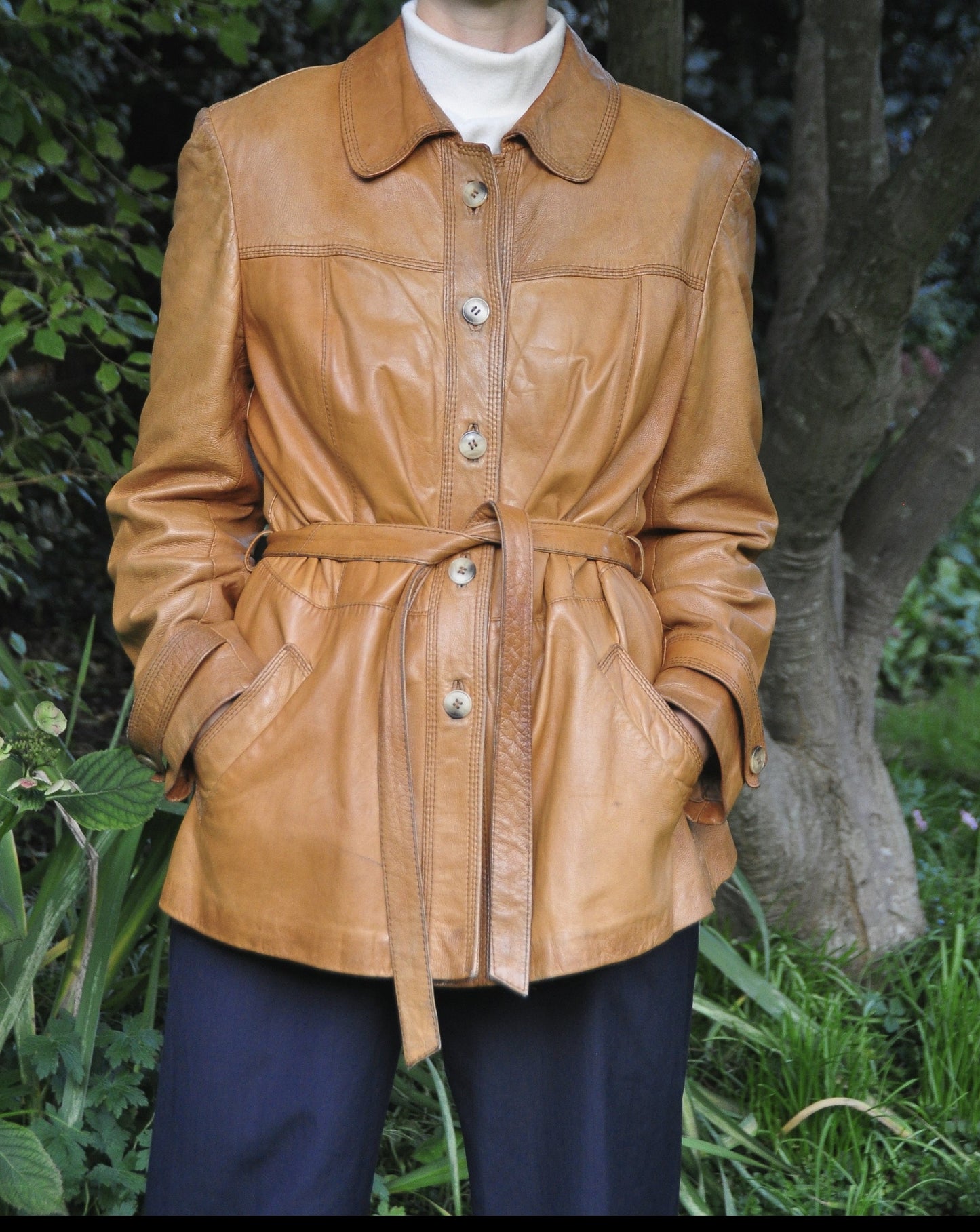 Vintage Tan Leather Belted Jacket Size 10-12