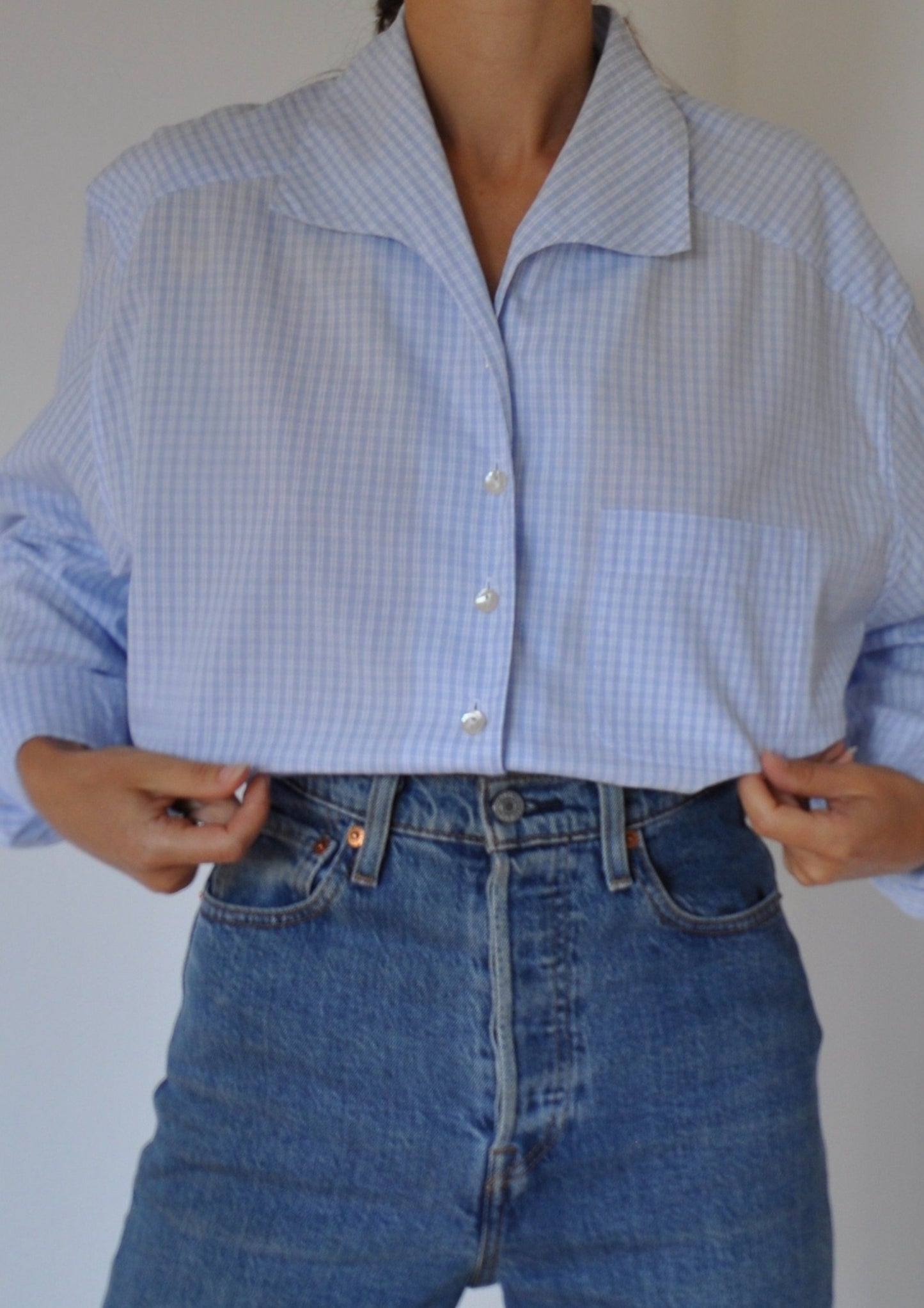 Vintage Light Blue Gingham Long Sleeve Relaxed Shirt Size 10-12