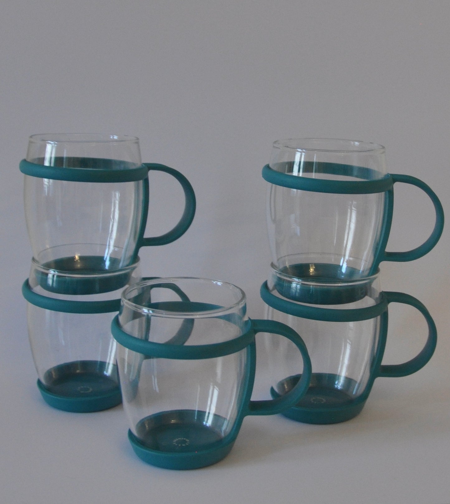 Set of 5 Rare Bauhaus Clear Glass Mugs with Turquoise handle