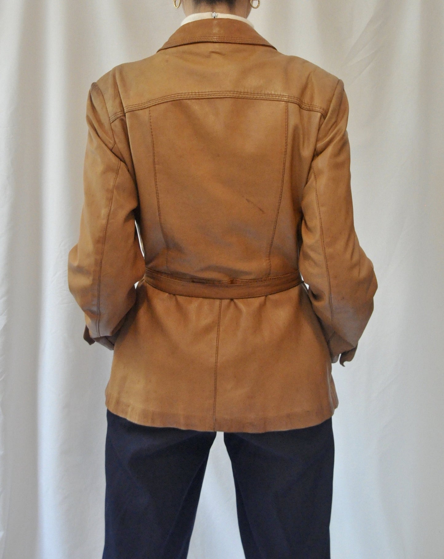 Vintage Tan Leather Belted Jacket Size 10-12