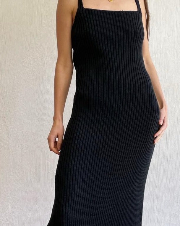 Black Chunky Rib Knitted Maxi Midi Slip Dress Size XS-S