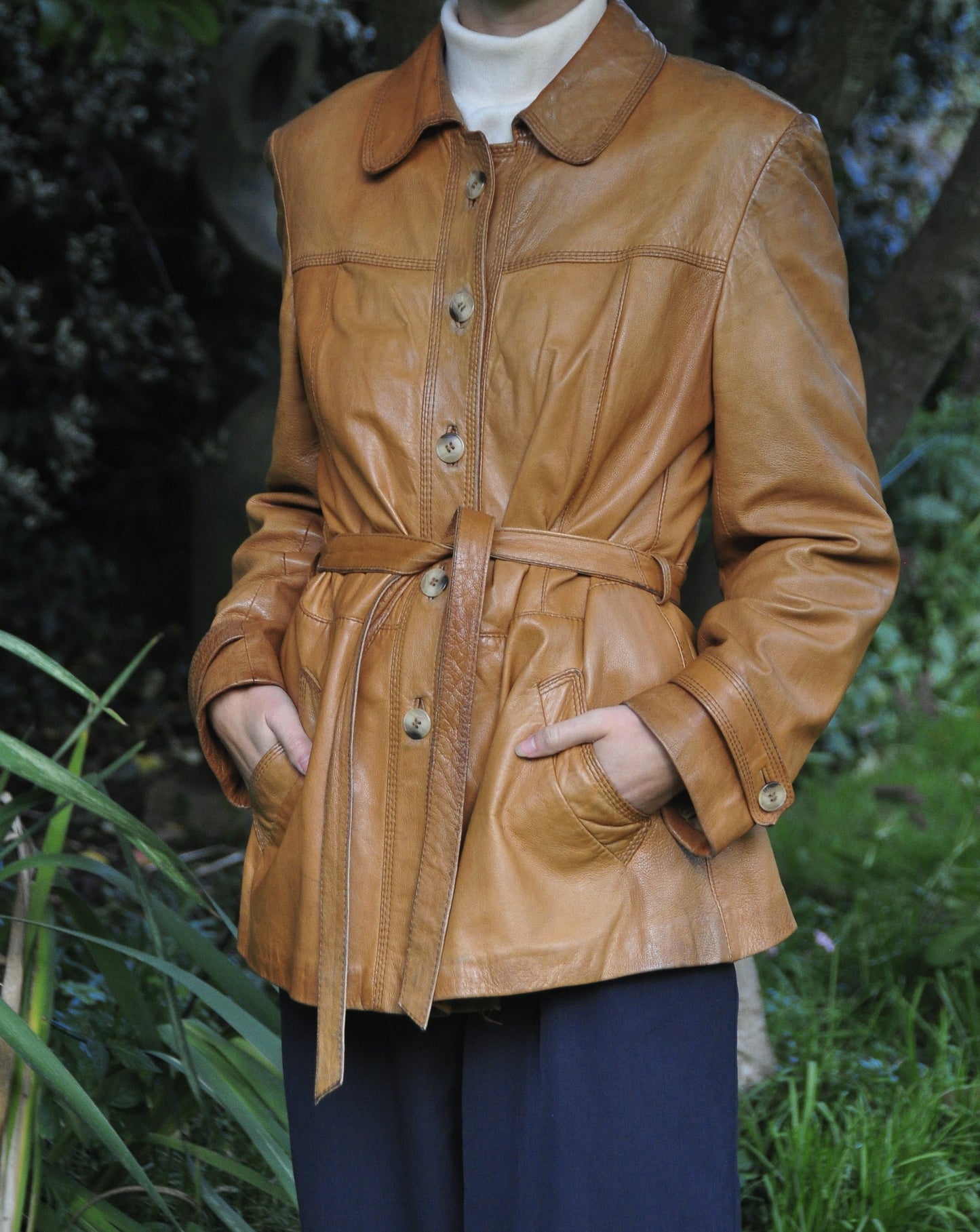 Vintage Tan Leather Belted Jacket Size 10-12