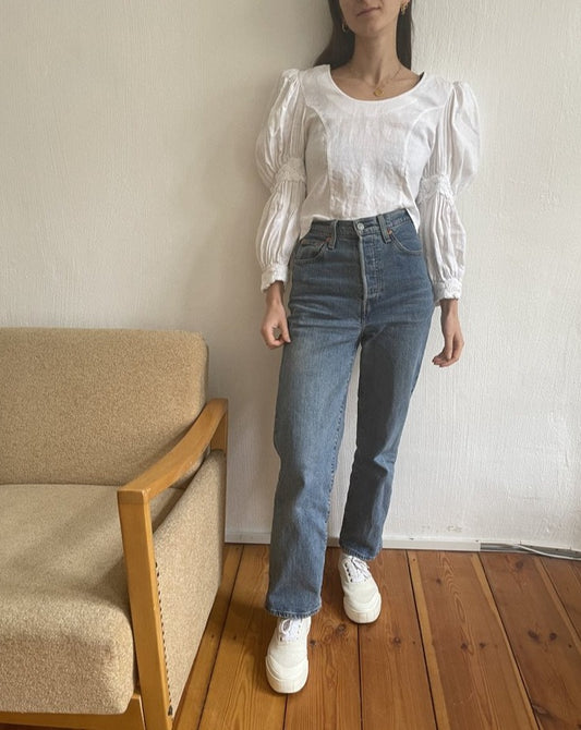 Vintage Linen Volume Puff Sleeve Button Detail Cropped Top Size S