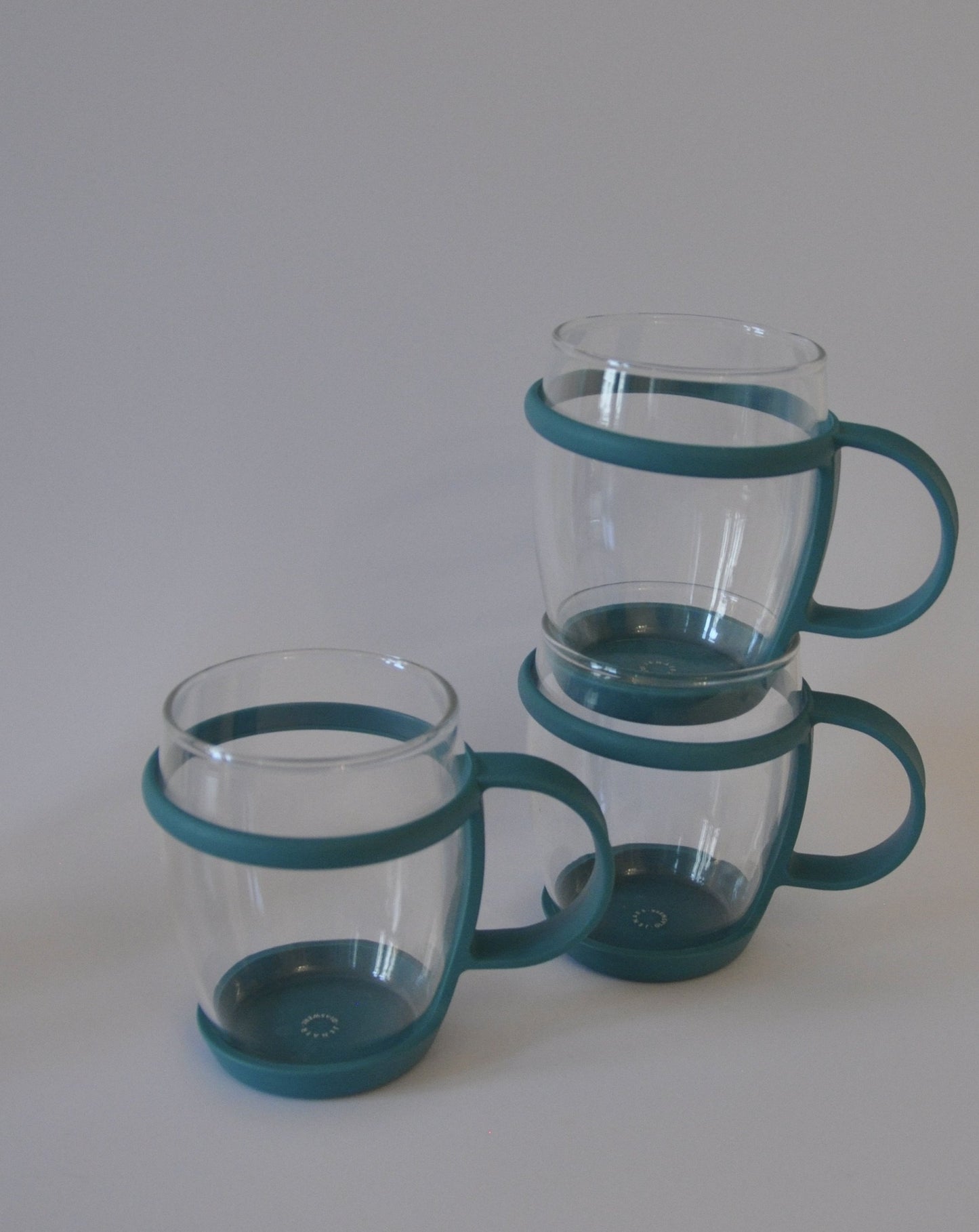 Set of 5 Rare Bauhaus Clear Glass Mugs with Turquoise handle