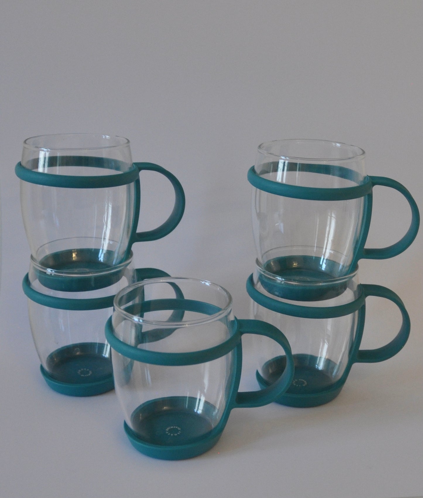 Set of 5 Rare Bauhaus Clear Glass Mugs with Turquoise handle