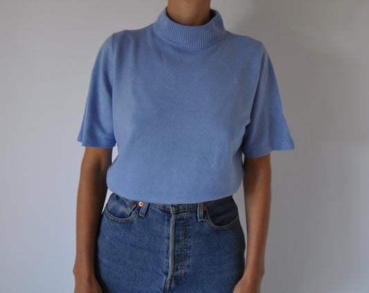 Vintage Light Blue Short Sleeve Jumper Knitted Top Size 10-12