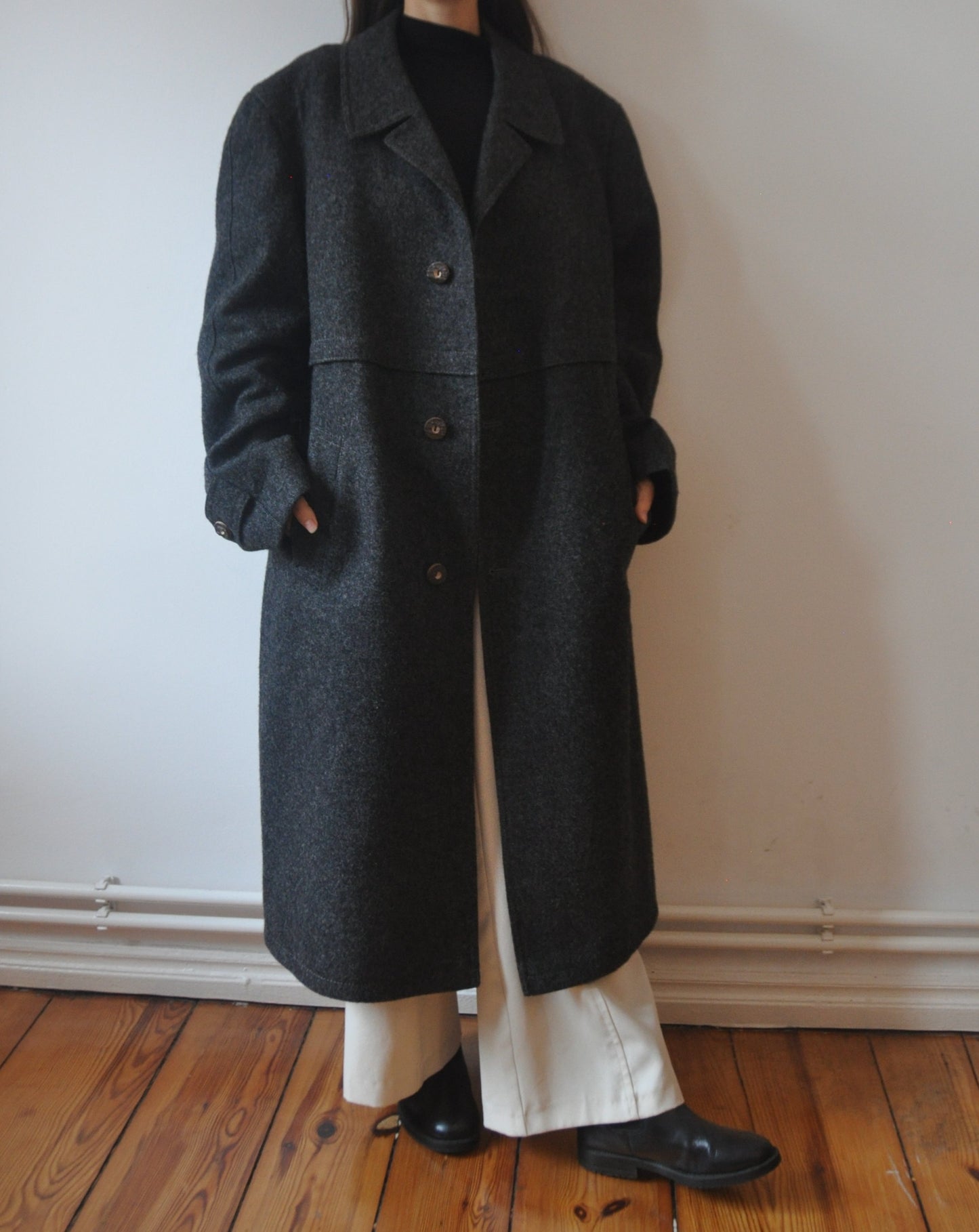 Vintage Oversized Grey Charcoal Wool Long Coat Size 12-16