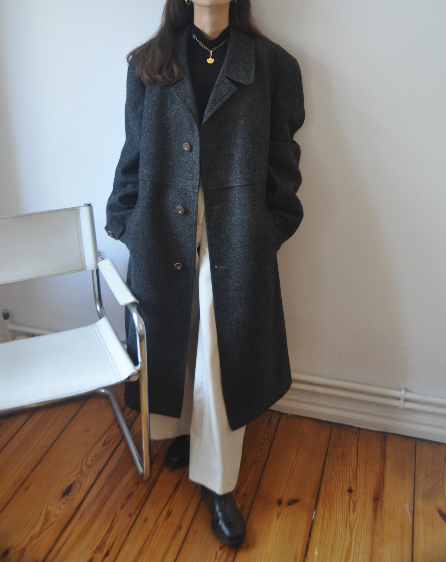 Vintage Oversized Grey Charcoal Wool Long Coat Size 12-16