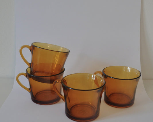 Set of 4 Vintage Amber Glass Tea Cups Mugs