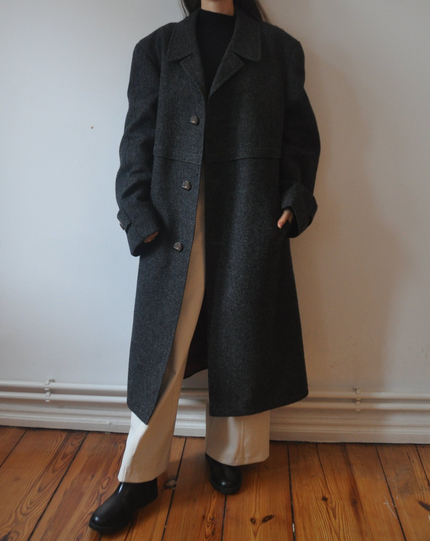 Vintage Oversized Grey Charcoal Wool Long Coat Size 12-16