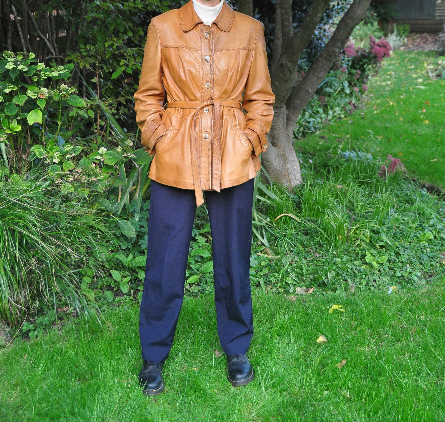 Vintage Tan Leather Belted Jacket Size 10-12