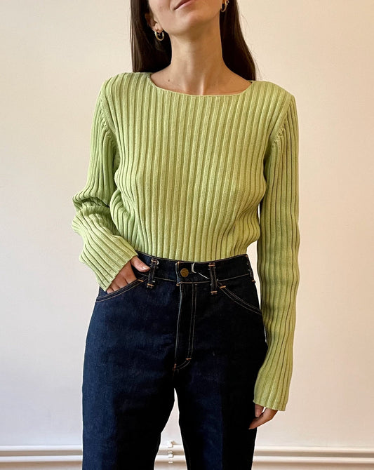 Essential Preloved Heavy Ribbed Green Cotton Long Sleeved Top Size 10-12