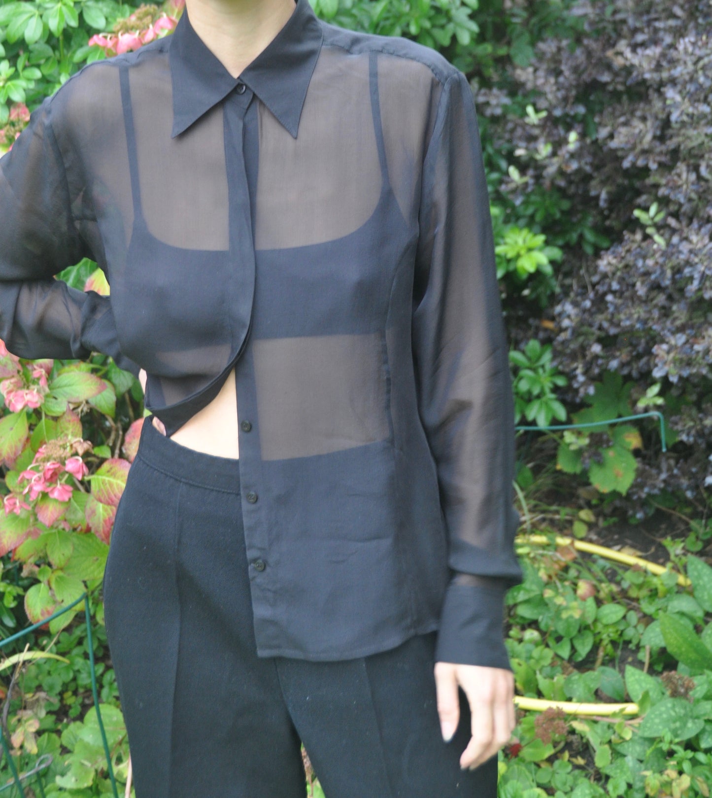 Vintage Black Sheer Silk Long Sleeved Shirt Size 6-10