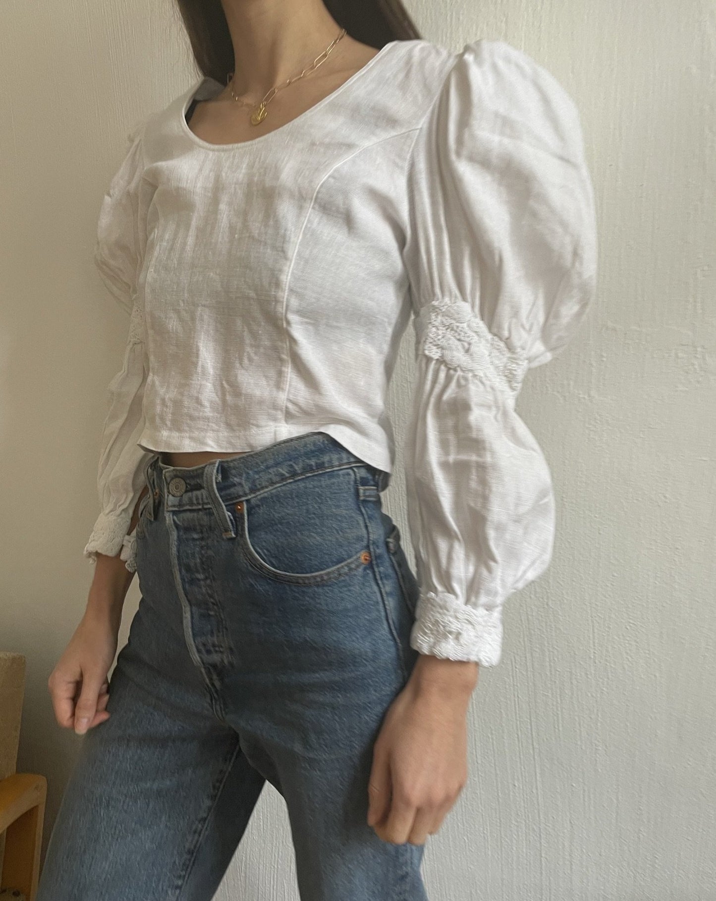 Vintage Linen Volume Puff Sleeve Button Detail Cropped Top Size S