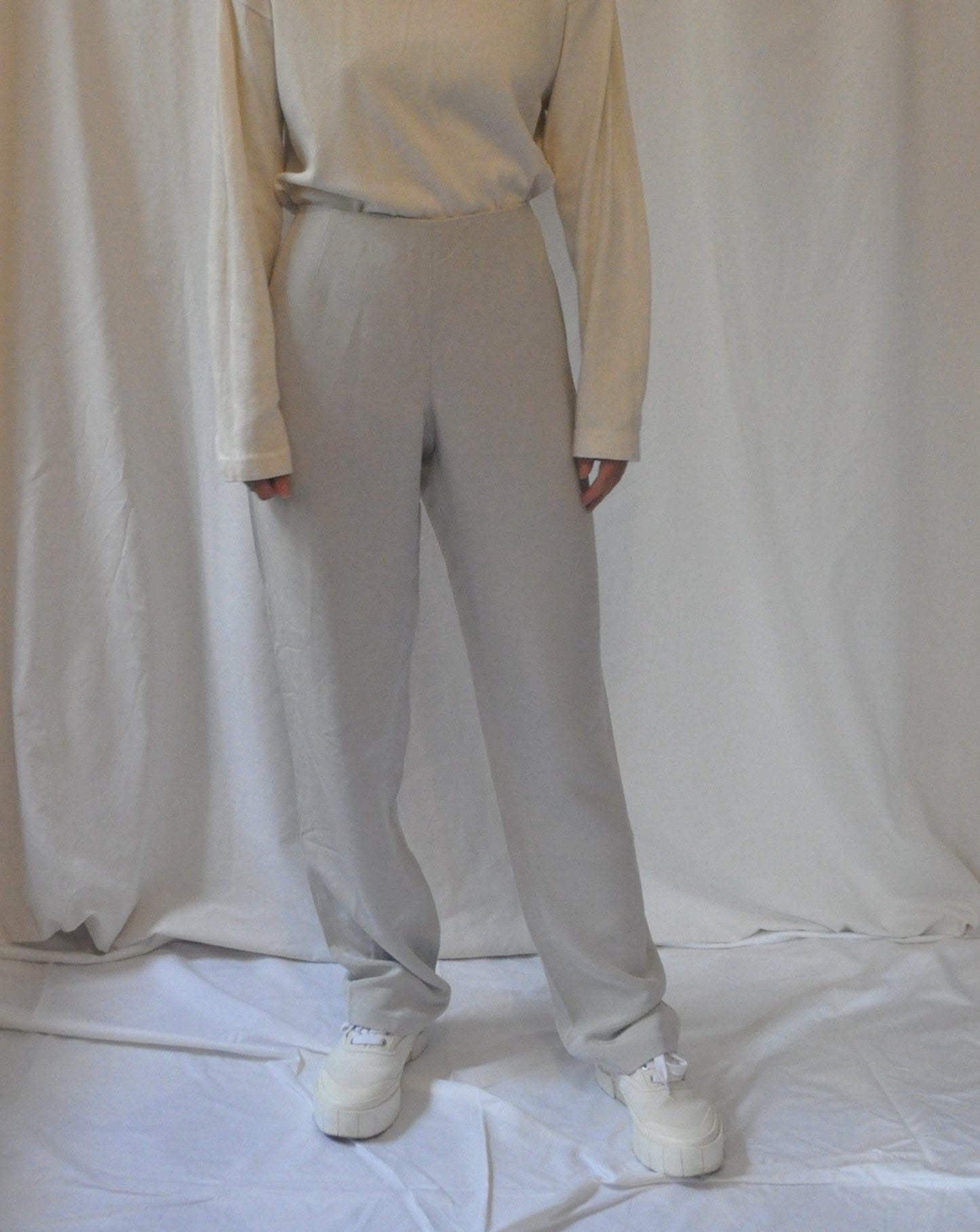 Vintage High Waisted Light Grey Silk Trousers Size 8-10