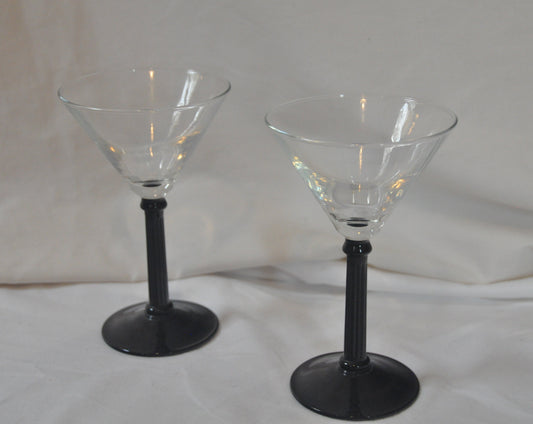 1980's Vintage Rare Set of 2 Cocktail/Martini Glasses with Black Stems