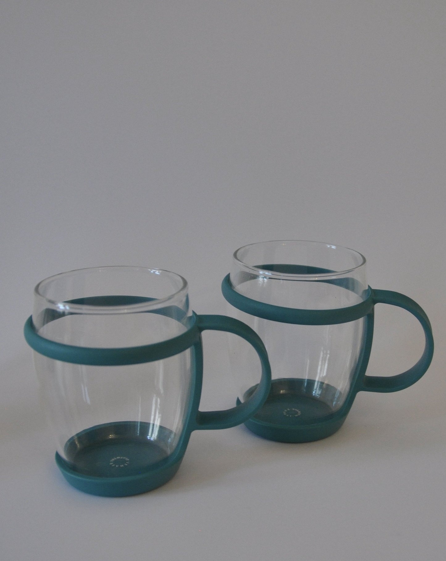 Set of 5 Rare Bauhaus Clear Glass Mugs with Turquoise handle