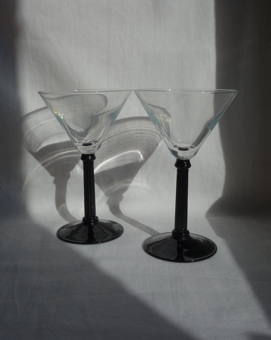 1980's Vintage Rare Set of 2 Cocktail/Martini Glasses with Black Stems