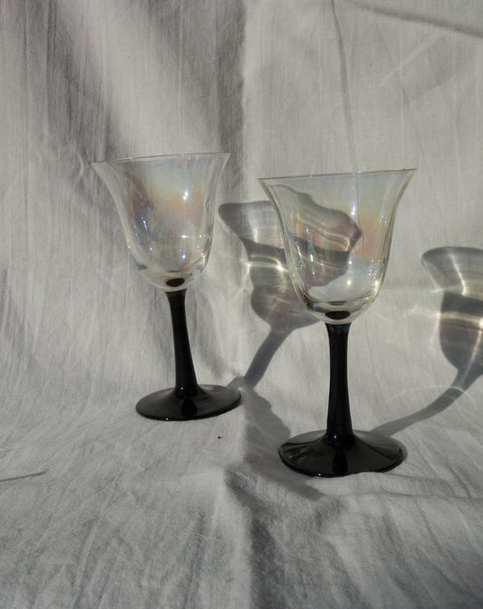 Set of 2 Vintage Iridescent Glasses with Black Stems