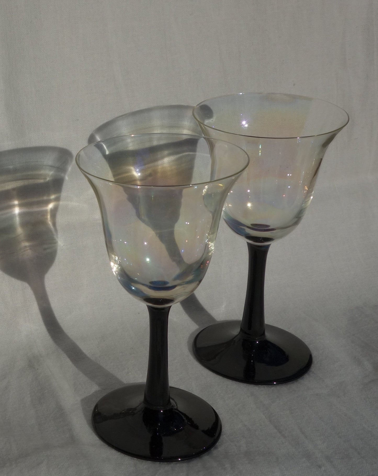 Set of 2 Vintage Iridescent Glasses with Black Stems