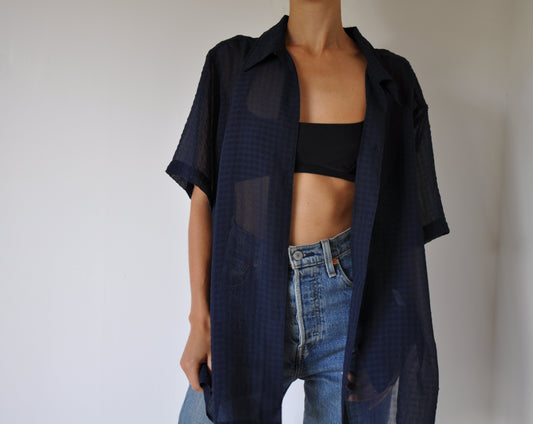 Sheer Navy Checked Gingham Shirt Size M-L