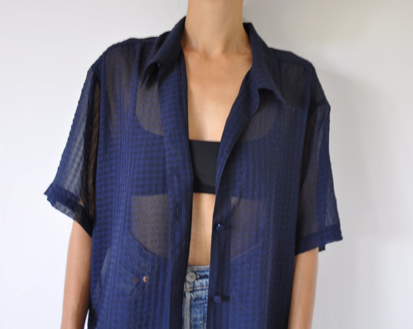 Sheer Navy Checked Gingham Shirt Size M-L