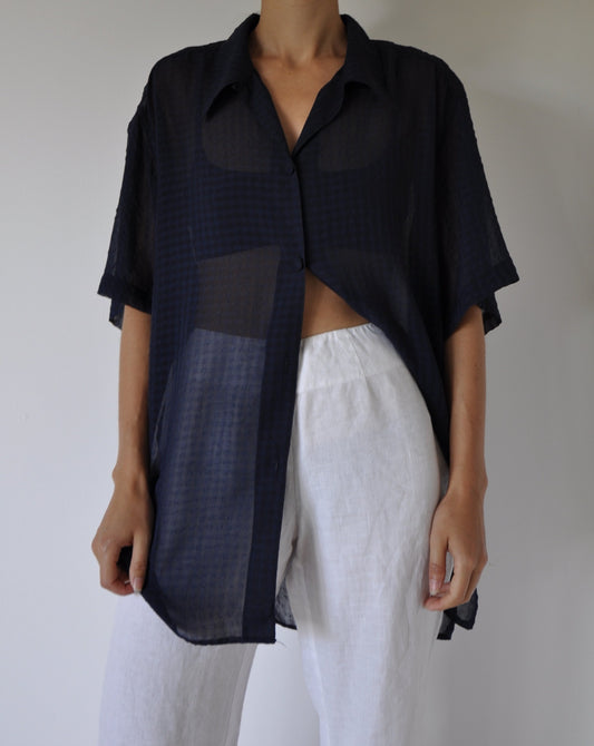 Sheer Navy Checked Gingham Shirt Size M-L