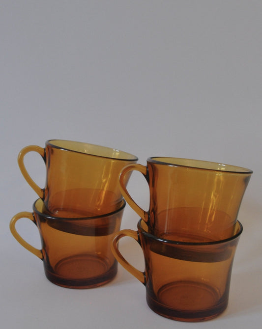 Set of 4 Vintage Amber Glass Tea Cups Mugs