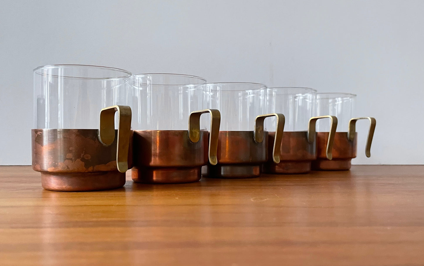 Vintage Modular Tea Cups Glasses with Copper Holders Set of 5