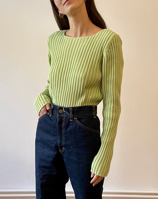 Essential Preloved Heavy Ribbed Green Cotton Long Sleeved Top Size 10-12