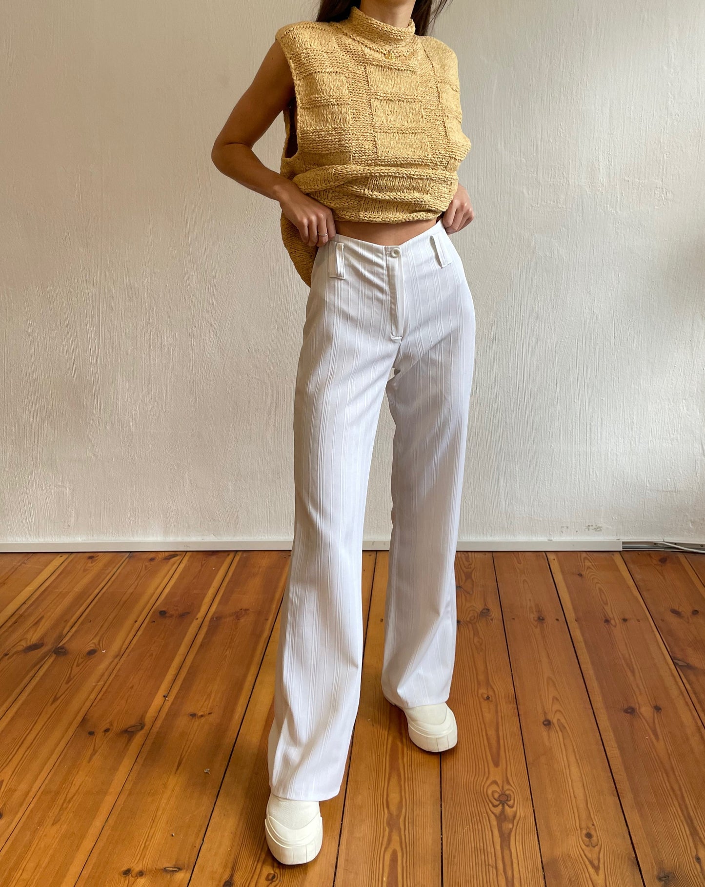 Vintage 90s White Textured Wide Leg Trousers Size S Waist 28"