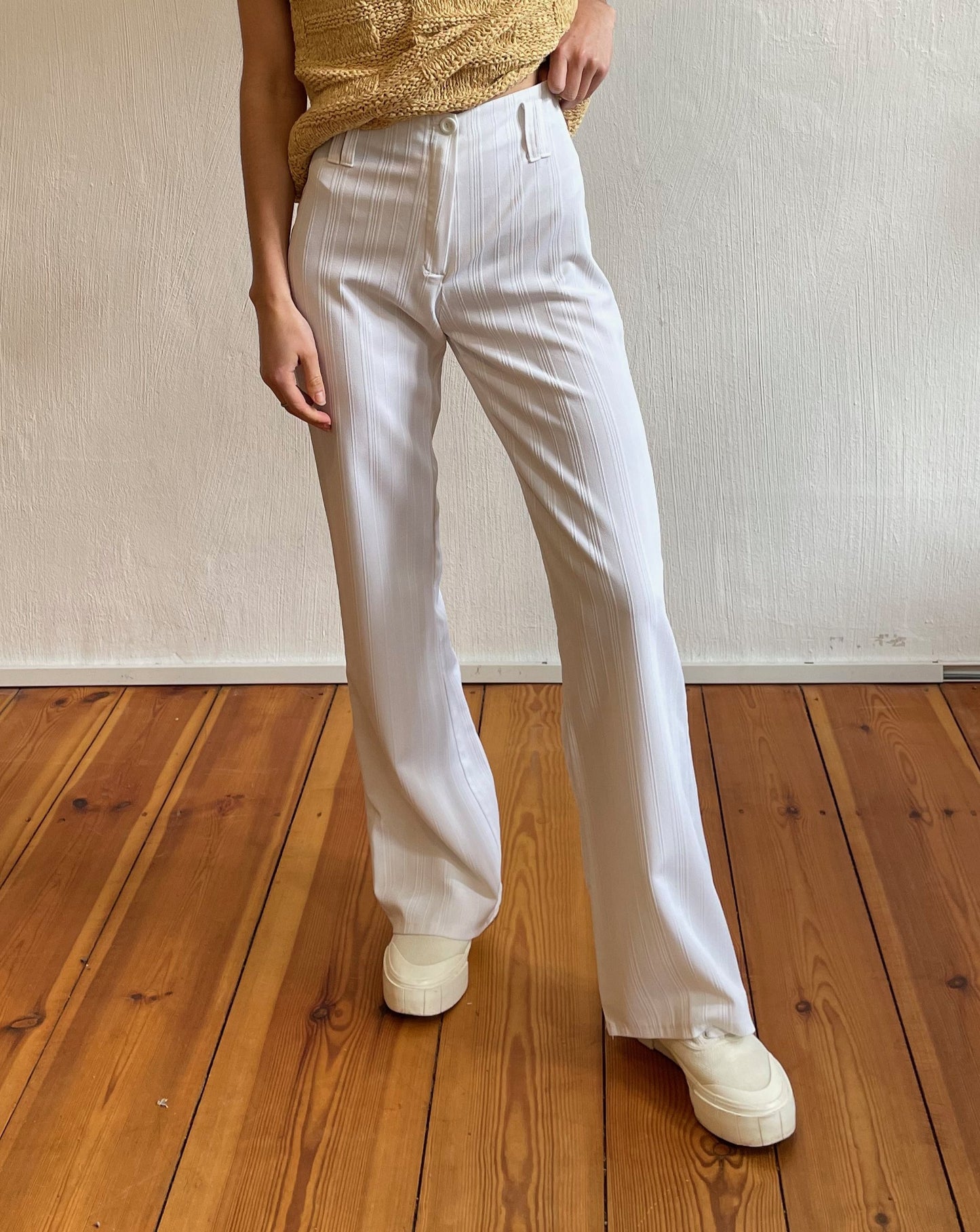 Vintage 90s White Textured Wide Leg Trousers Size S Waist 28"