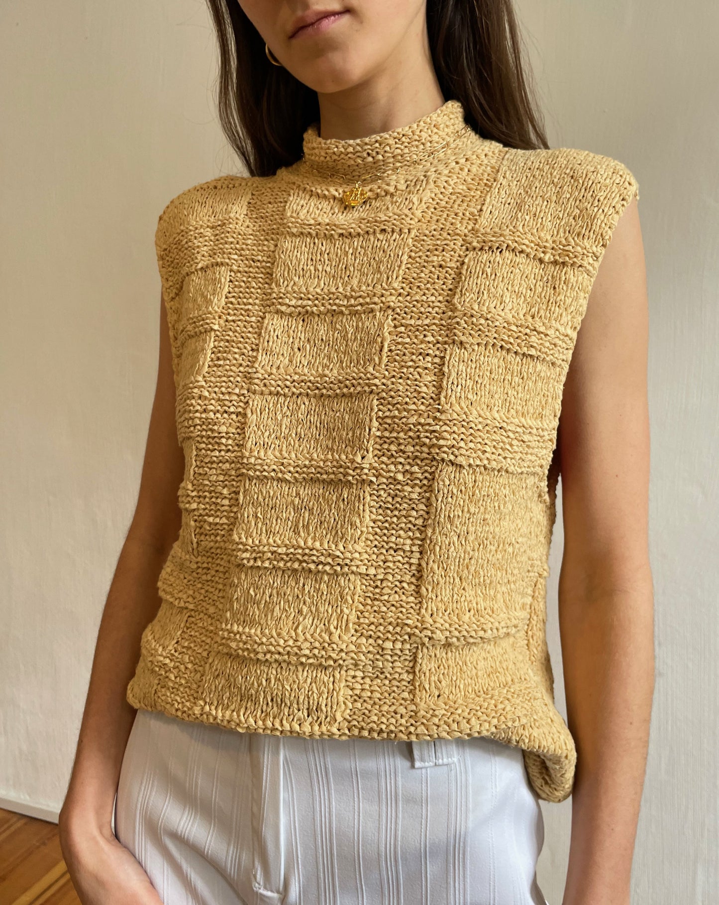 Vintage Hand Knitted Beige Yellow Sleeveless Jumper Vest Size S-M