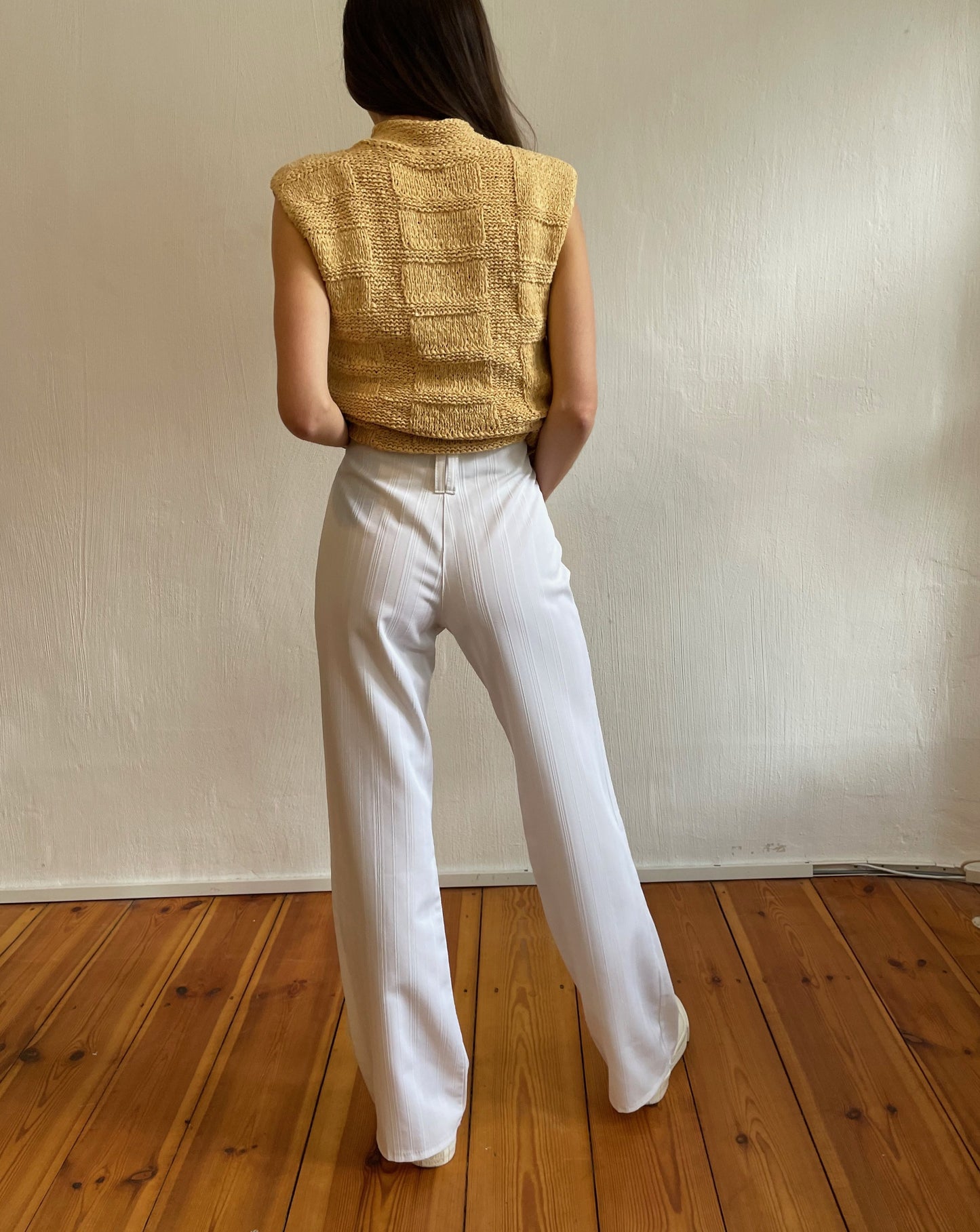 Vintage 90s White Textured Wide Leg Trousers Size S Waist 28"