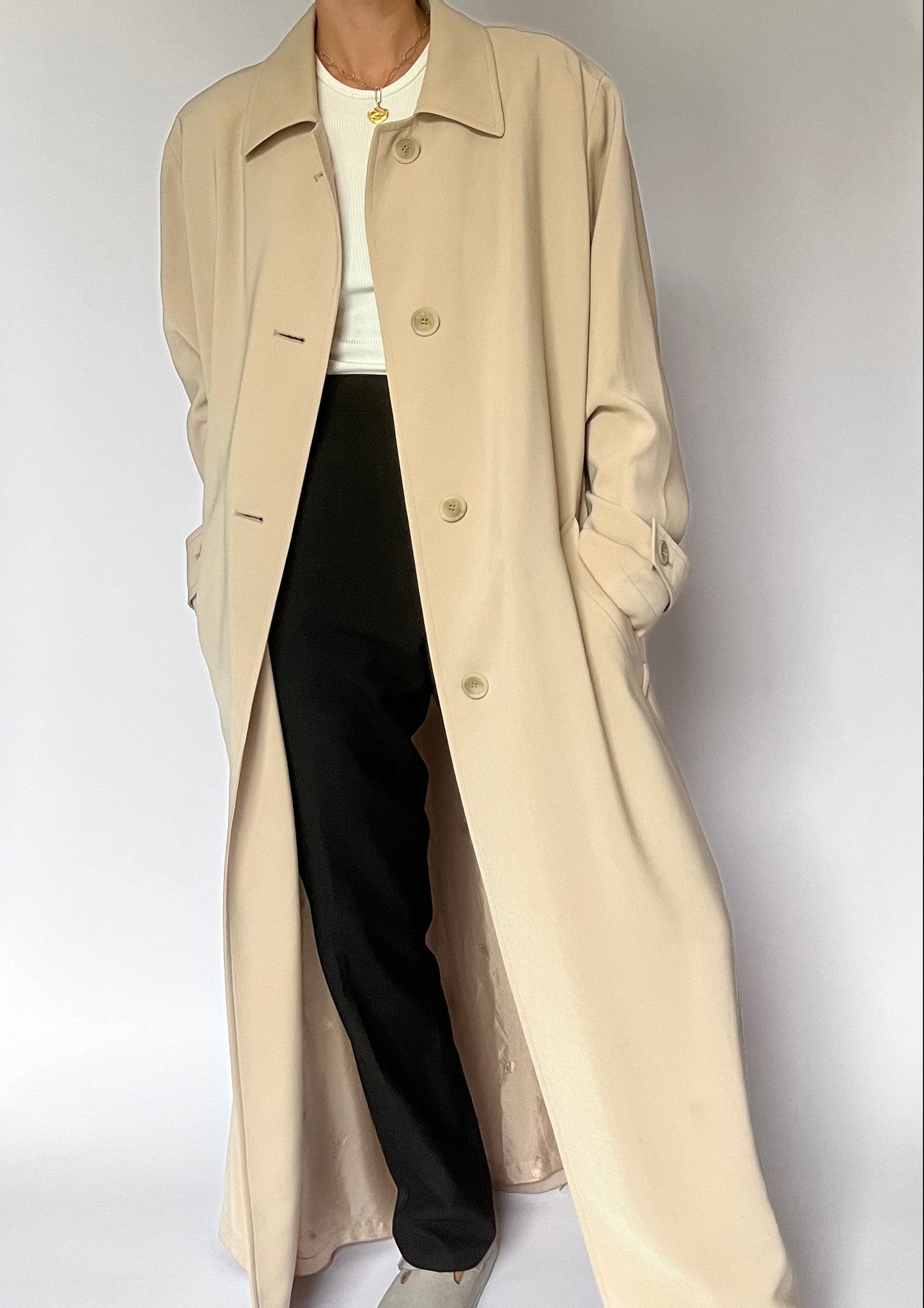 1990s Cream Maxi Trench Coat M/L