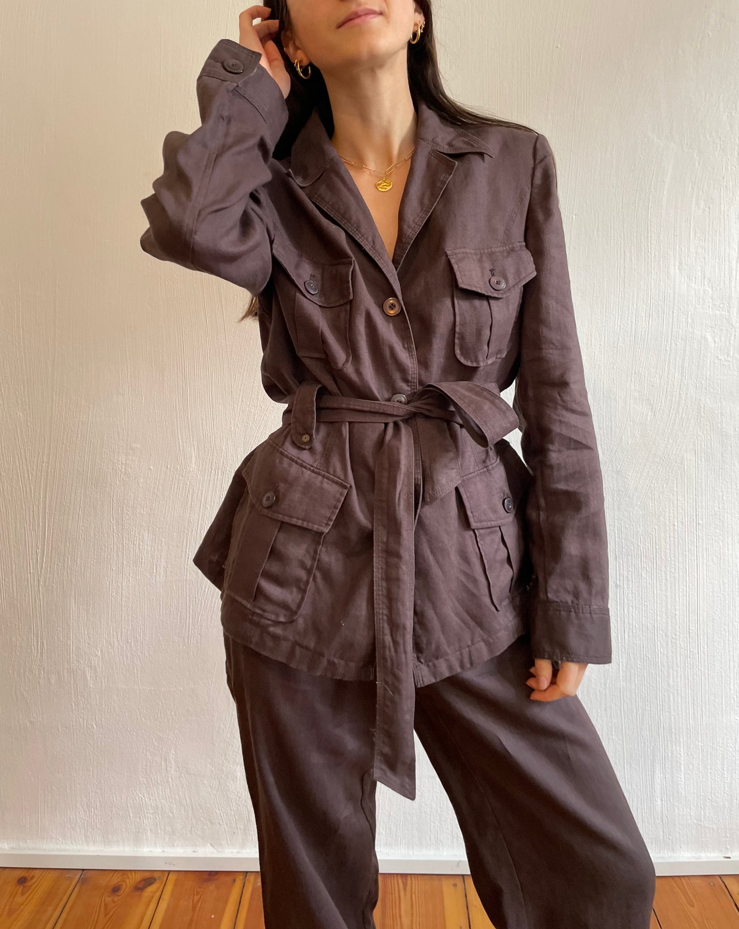 Preloved 00s Chocolate Brown Linen Suit Co-ord Size S-M