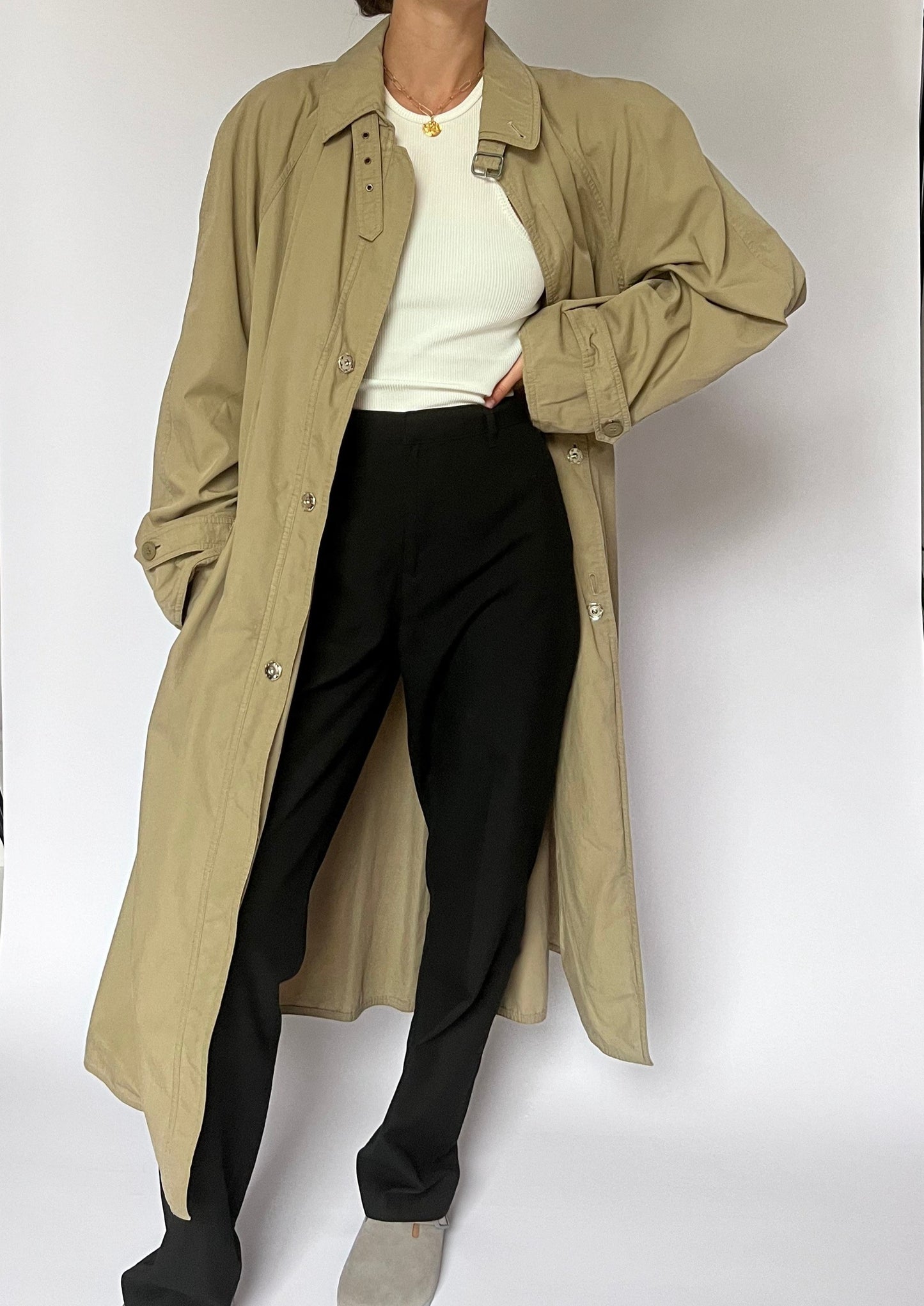 1980/90s Khaki Italian Minimal Trench Coat S/M/L