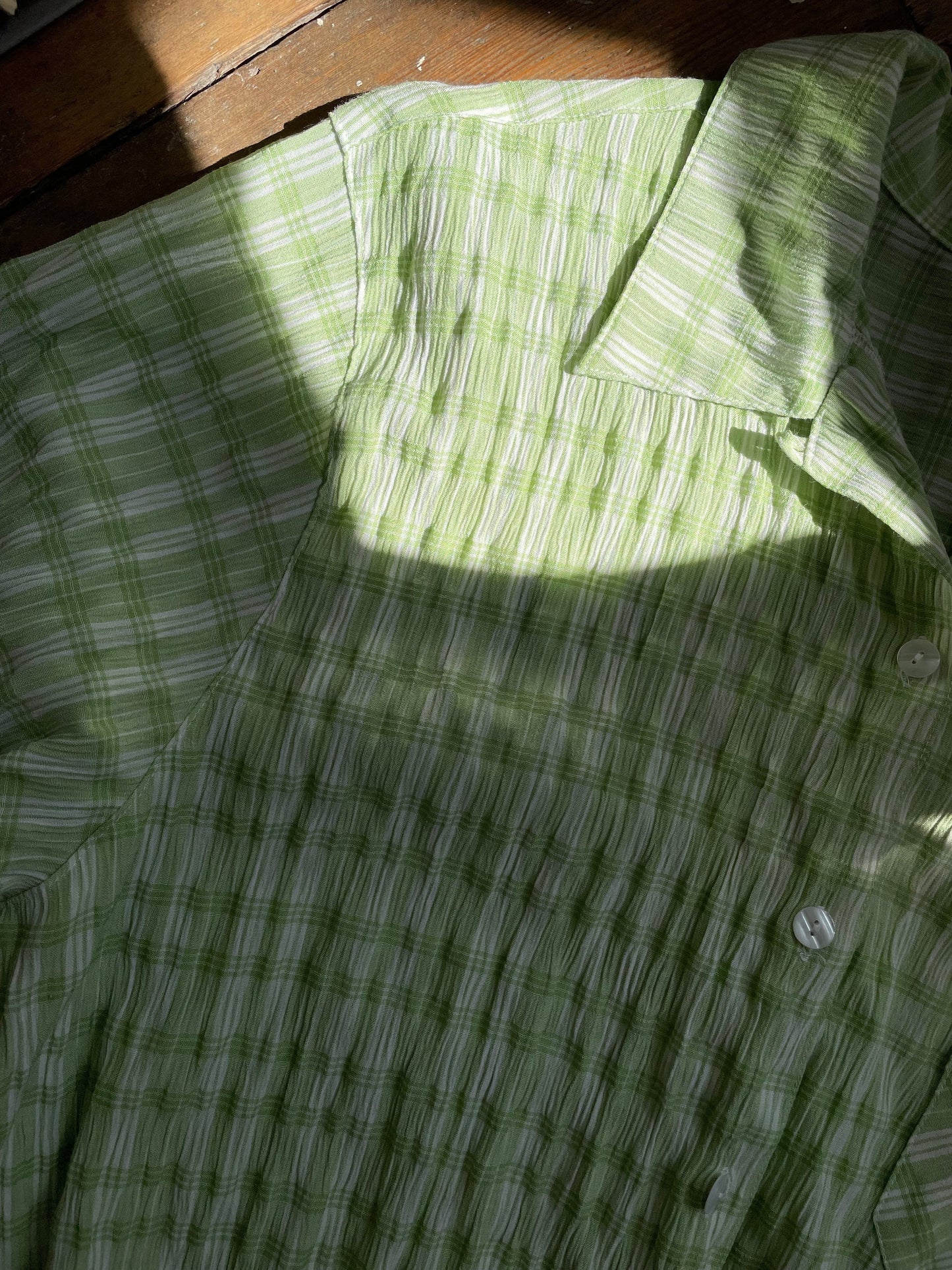 Vintage Green Seersucker Gingham Shirt Size M-XL