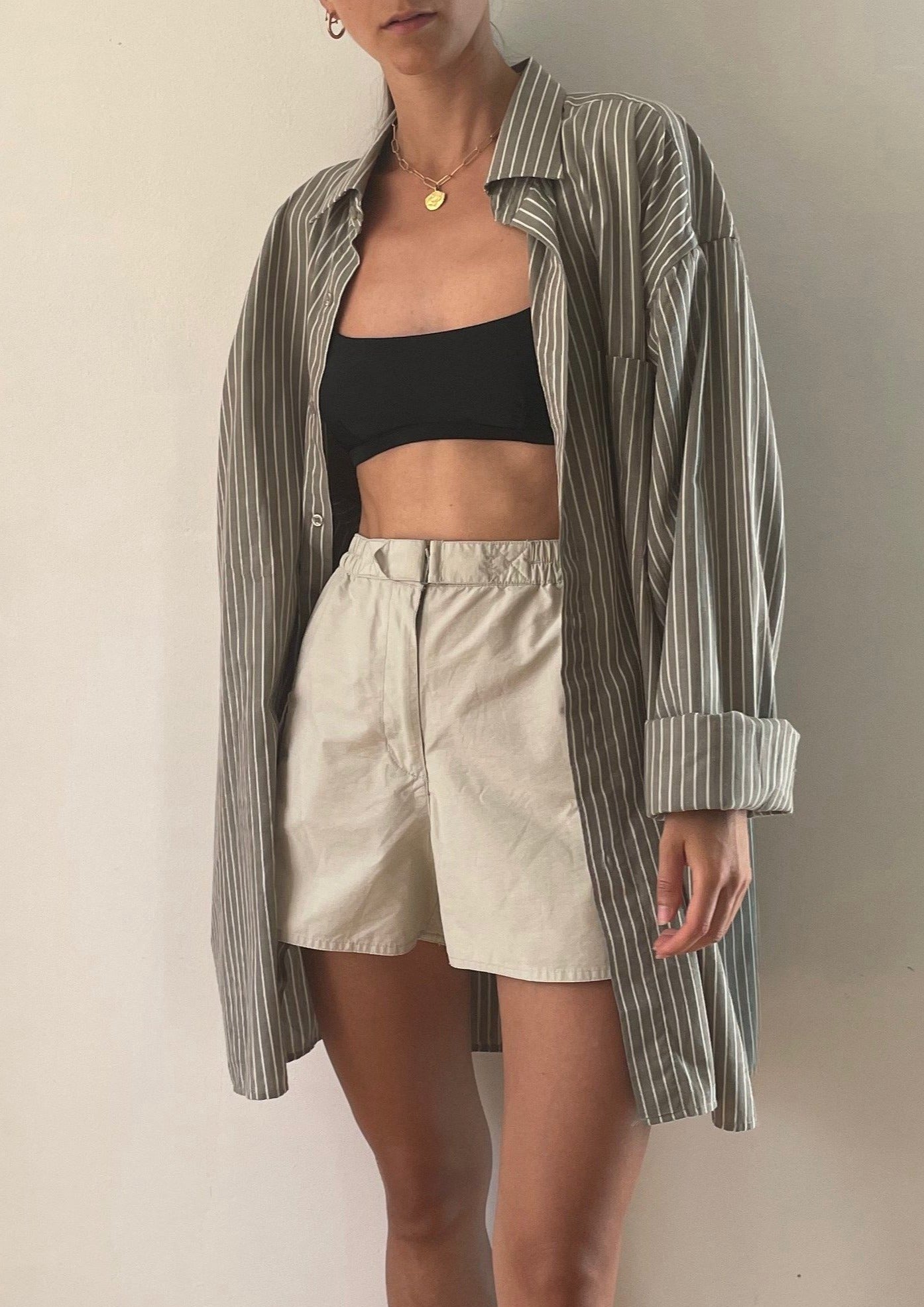 Vintage Khaki Striped Oversized Shirt Size M-XL