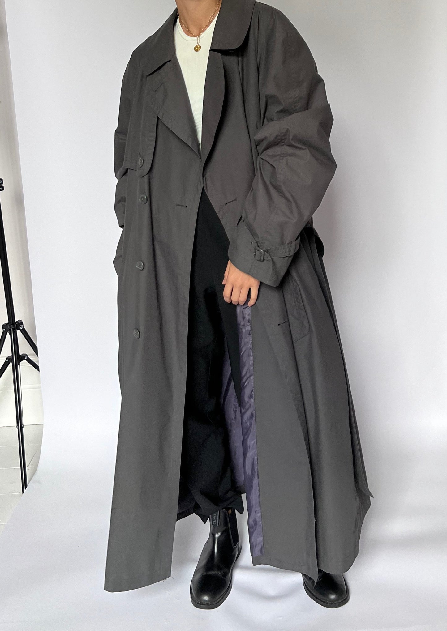 1990s Dark Grey Maxi Trench Coat S/M