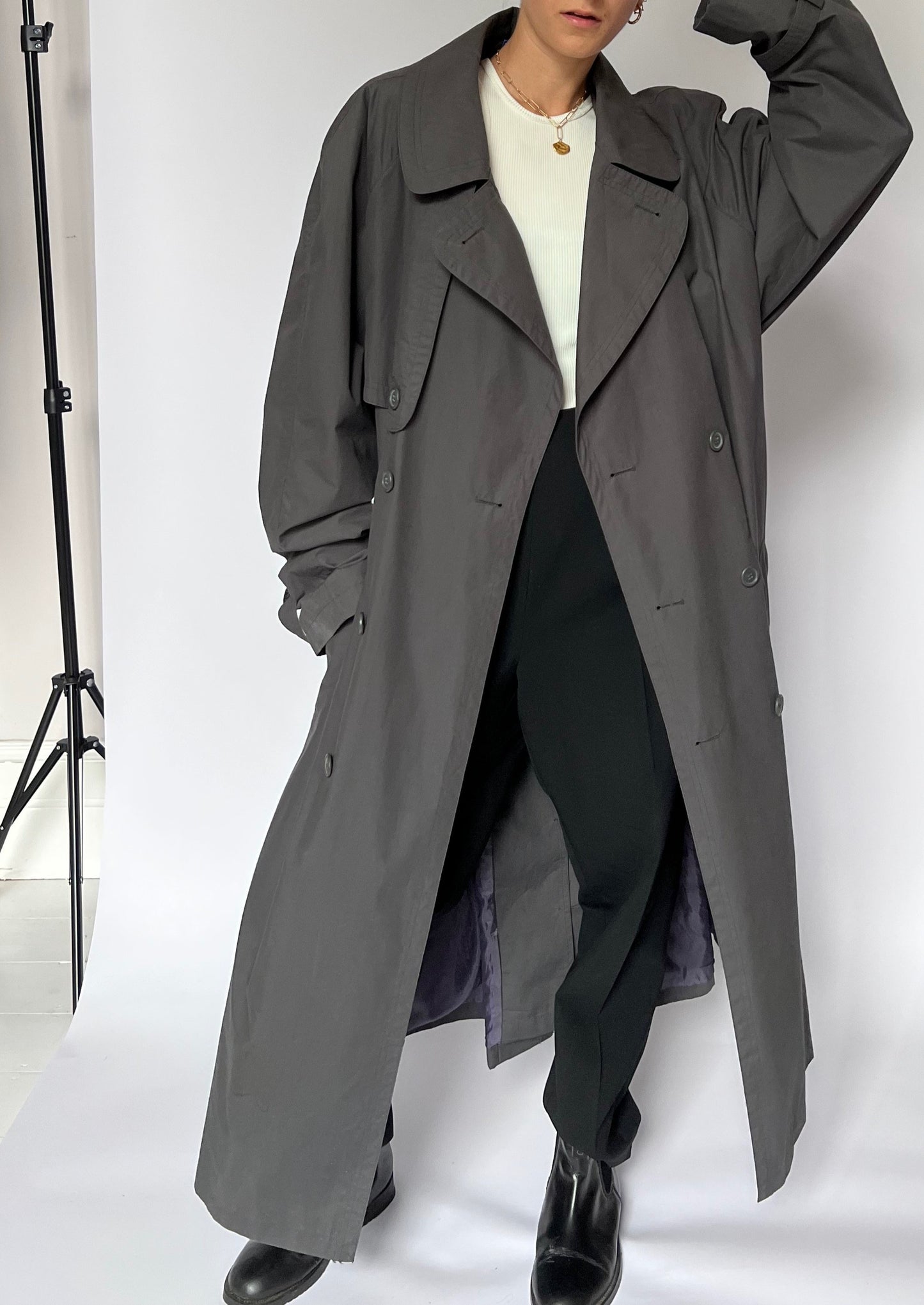 1990s Dark Grey Maxi Trench Coat S/M