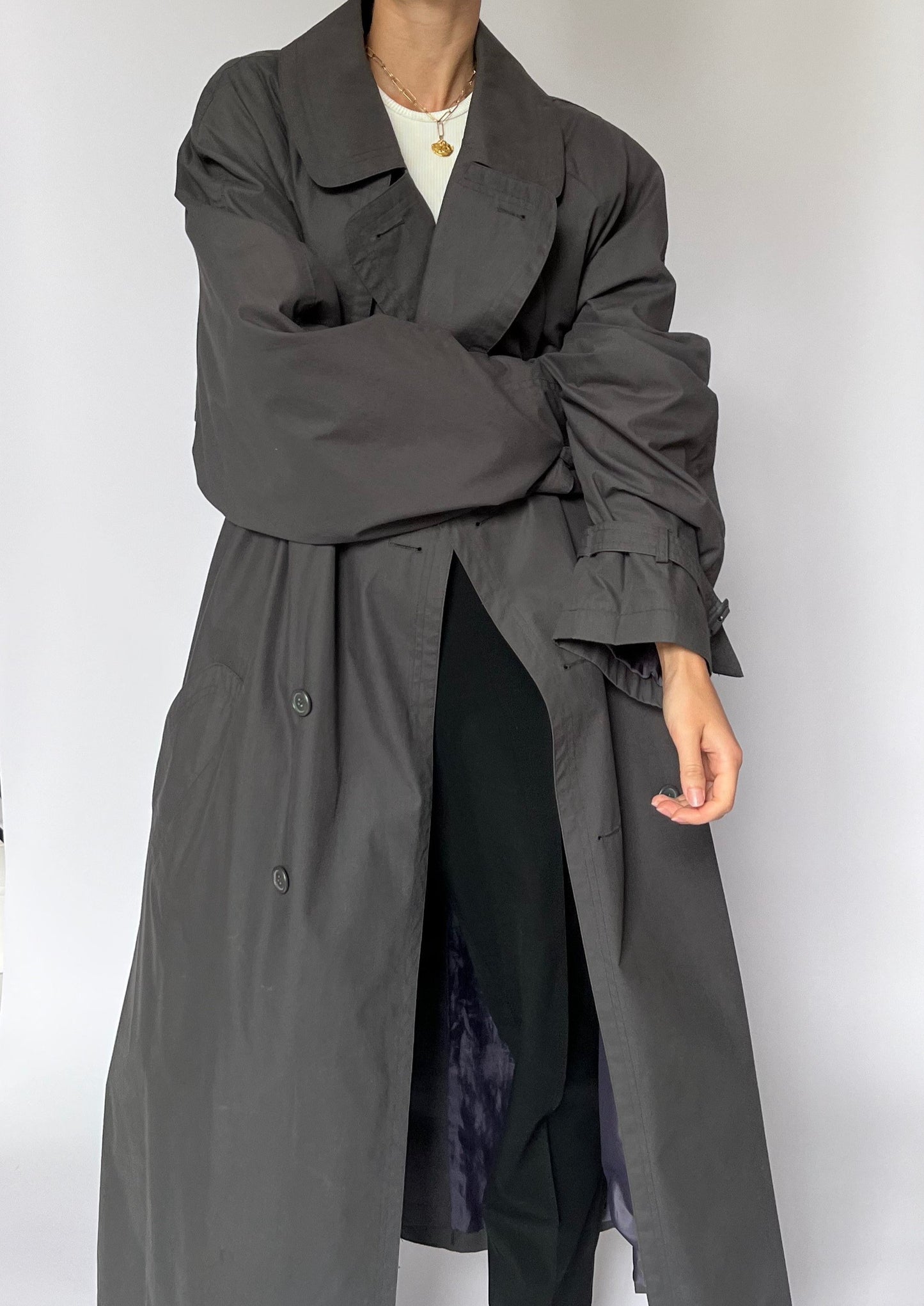 1990s Dark Grey Maxi Trench Coat S/M