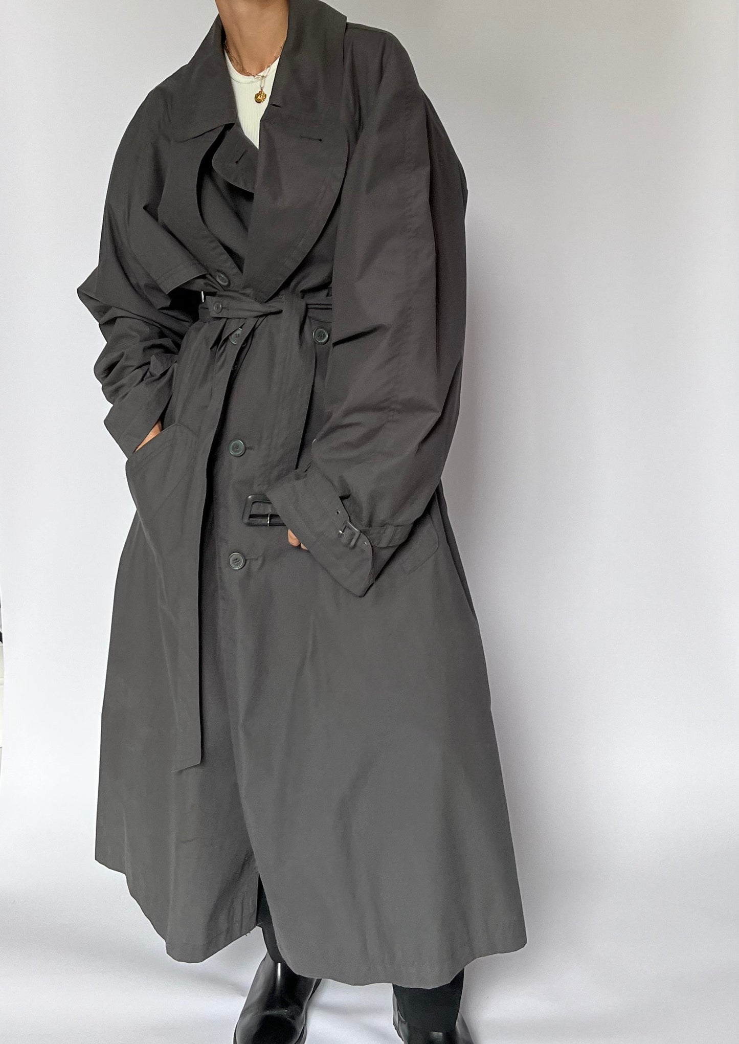 1990s Dark Grey Maxi Trench Coat S/M