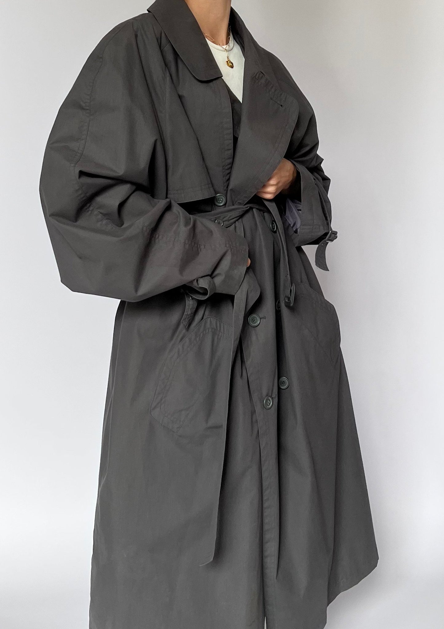 1990s Dark Grey Maxi Trench Coat S/M