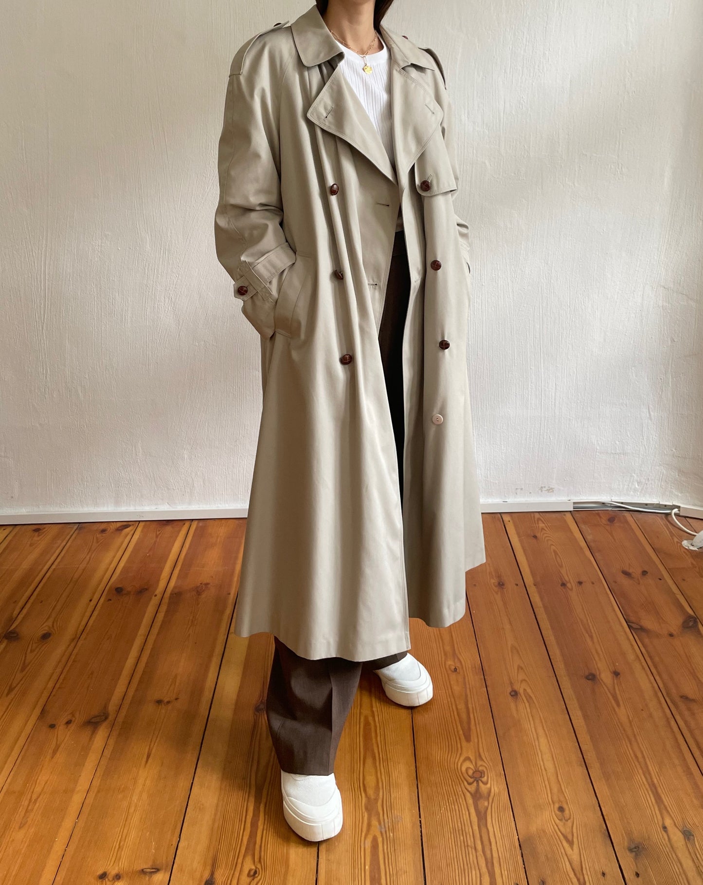 Vintage Beige Cream Maxi Belted Trench Removable Lining Size S-L