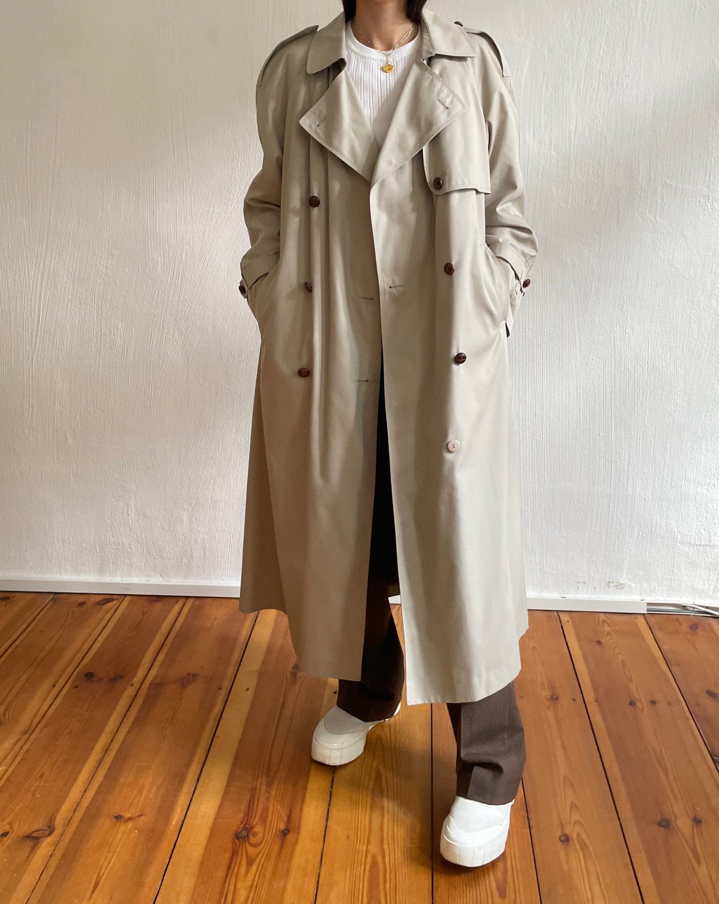 Vintage Beige Cream Maxi Belted Trench Removable Lining Size S-L