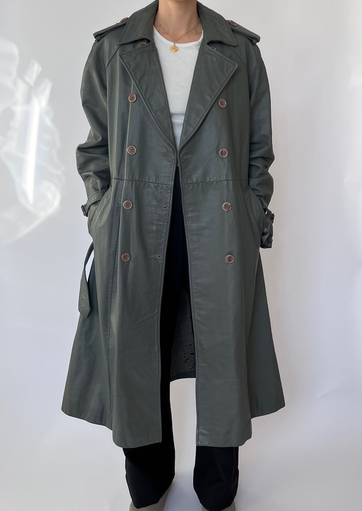 70s Grey Leather Trench Coat XS/S/M