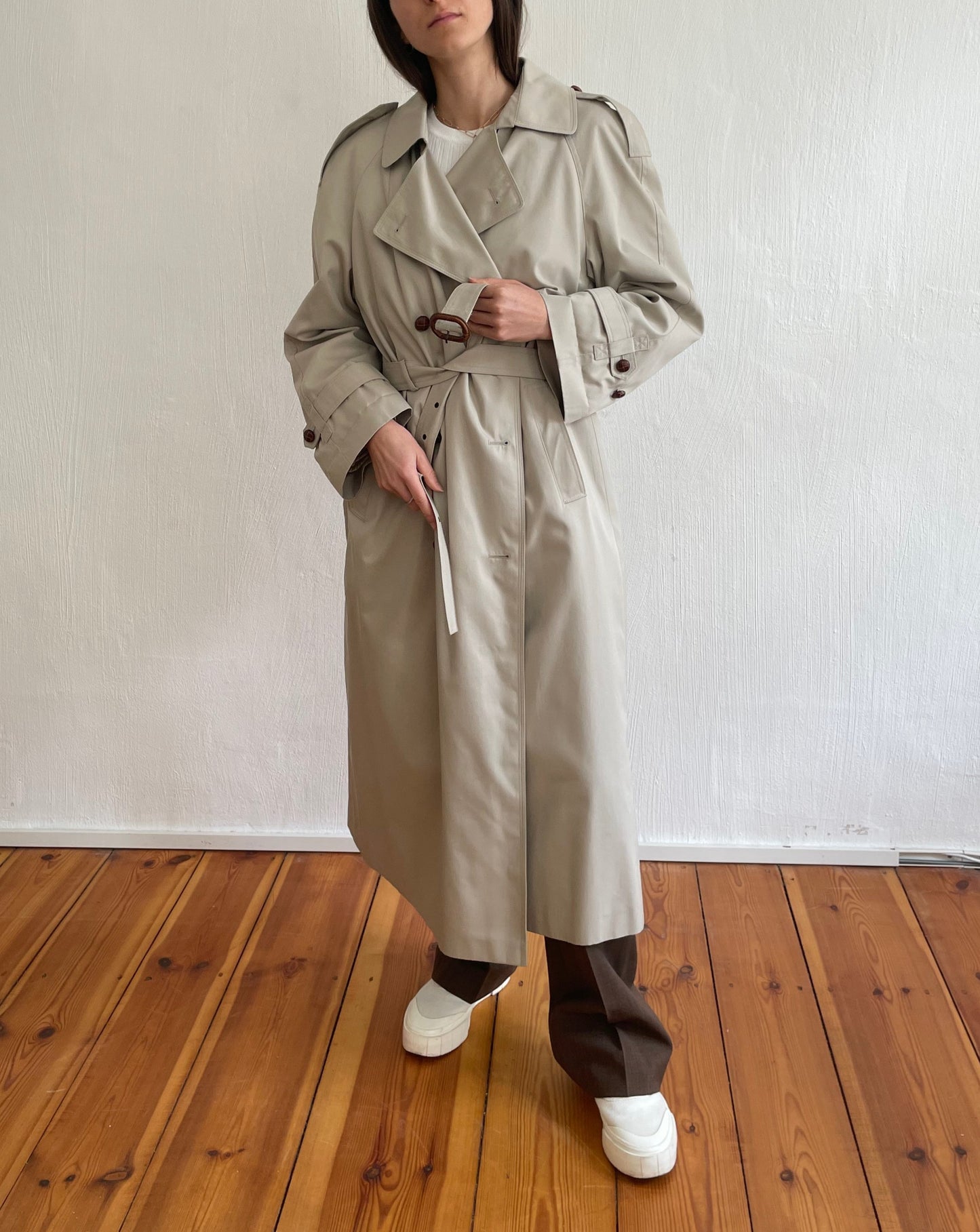 Vintage Beige Cream Maxi Belted Trench Removable Lining Size S-L